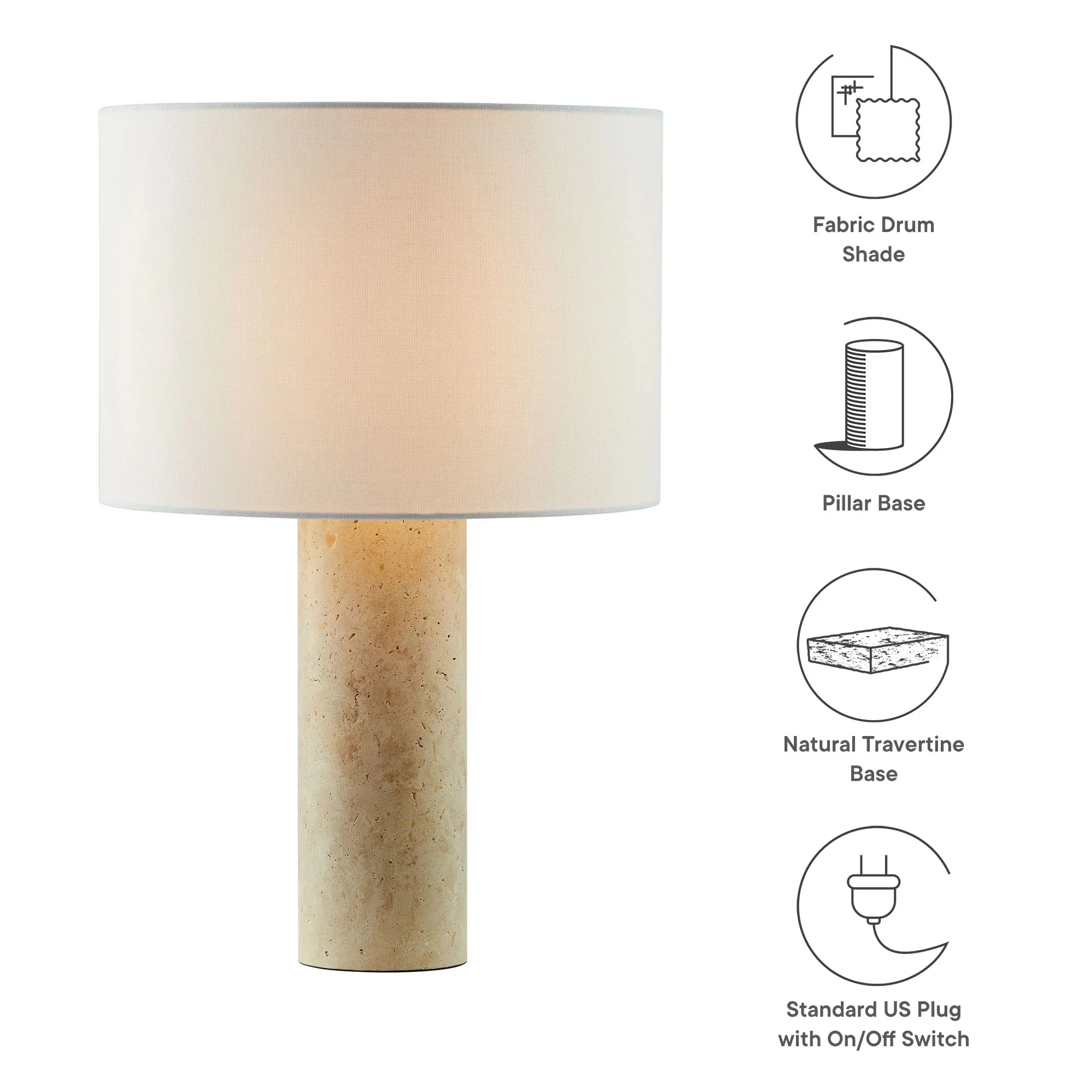 Zenith Travertine Table Lamp With Fabric Drum Shade in Travertine - Image 11