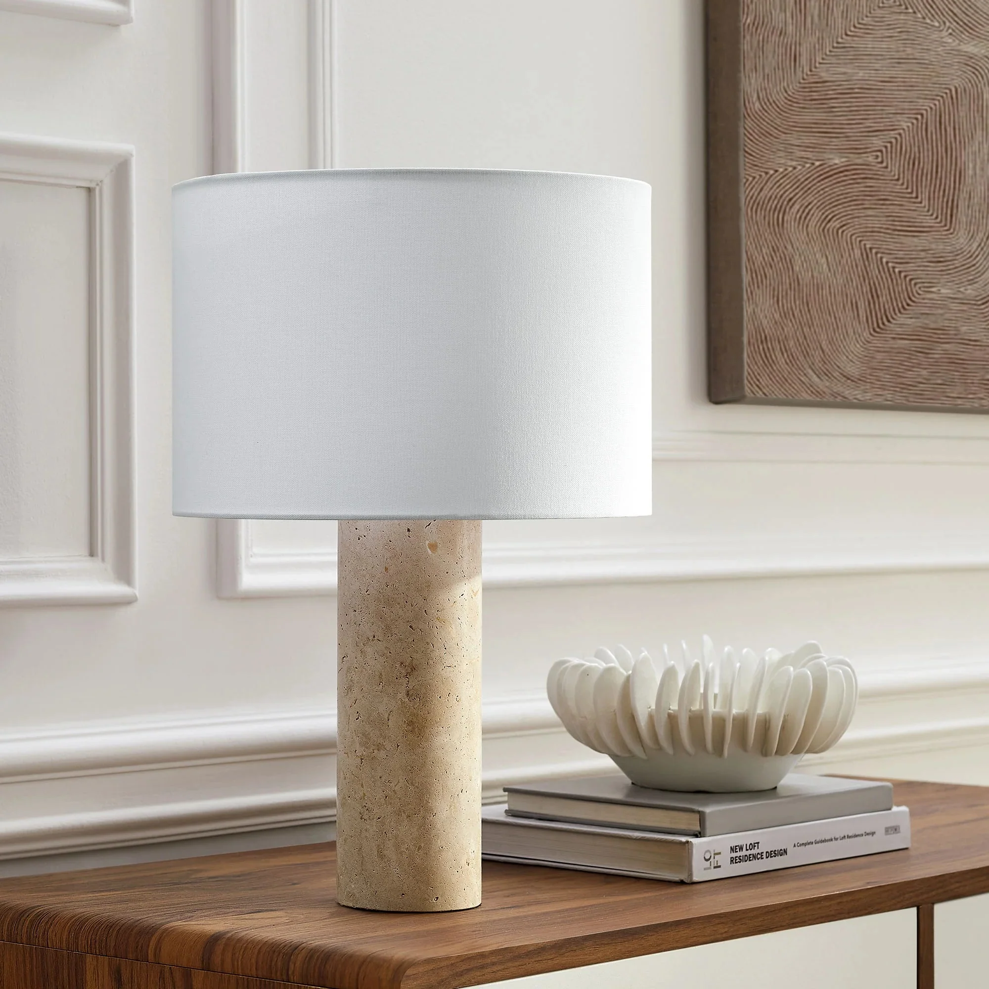 Zenith Travertine Table Lamp With Fabric Drum Shade in Travertine - Image 3