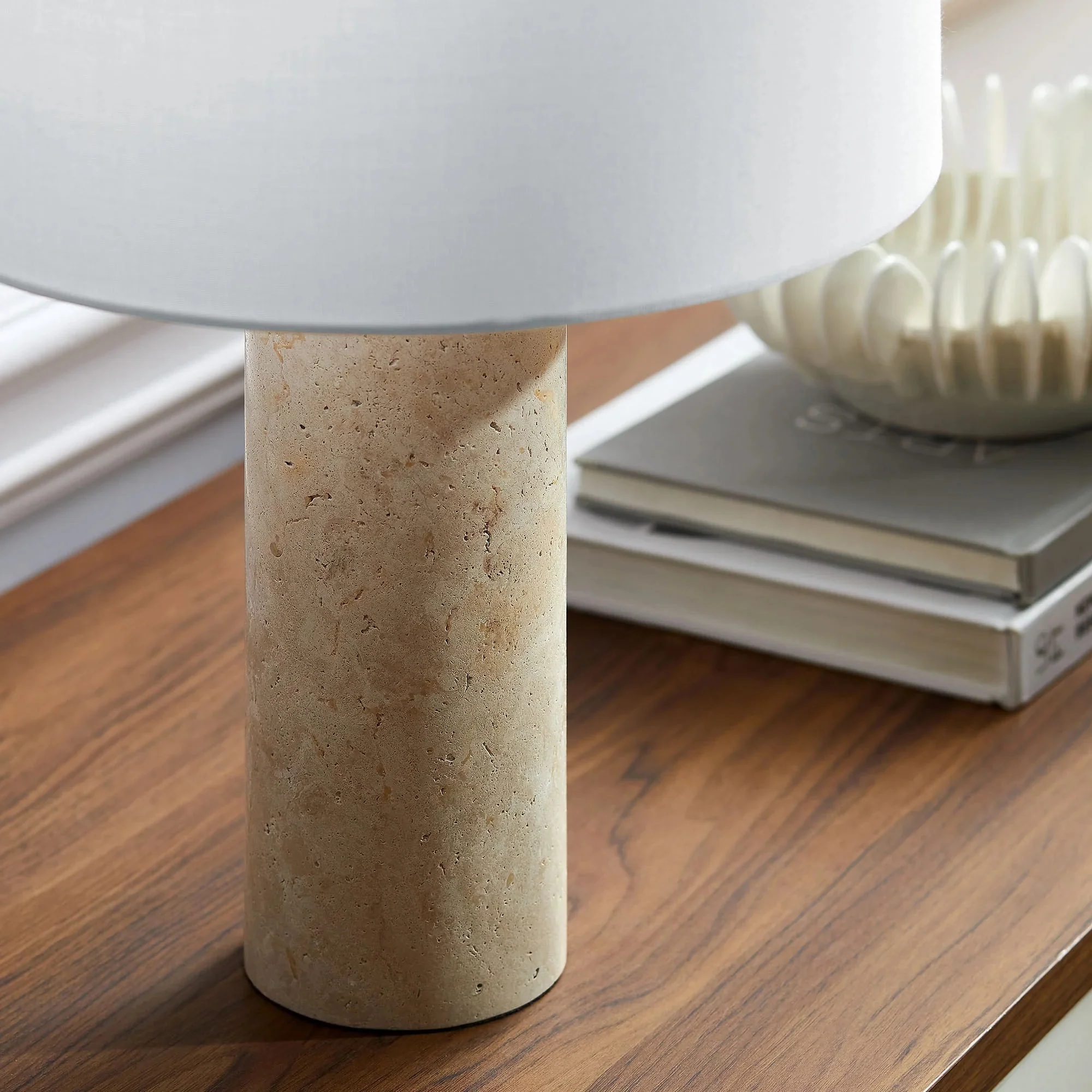 Zenith Travertine Table Lamp With Fabric Drum Shade in Travertine - Image 4