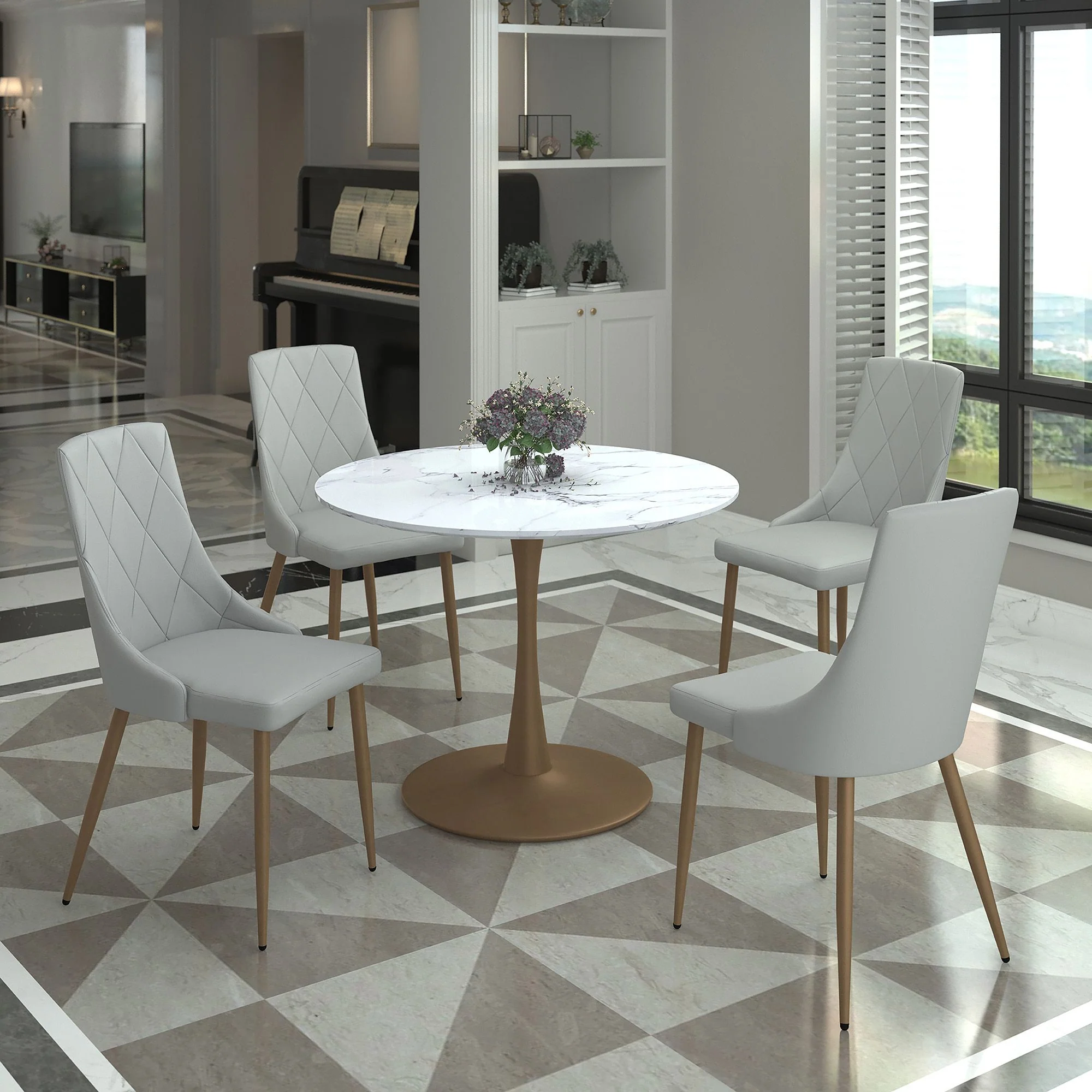 Zilo 40" Round Dining Table in White Faux Marble and Aged Gold - Image 2