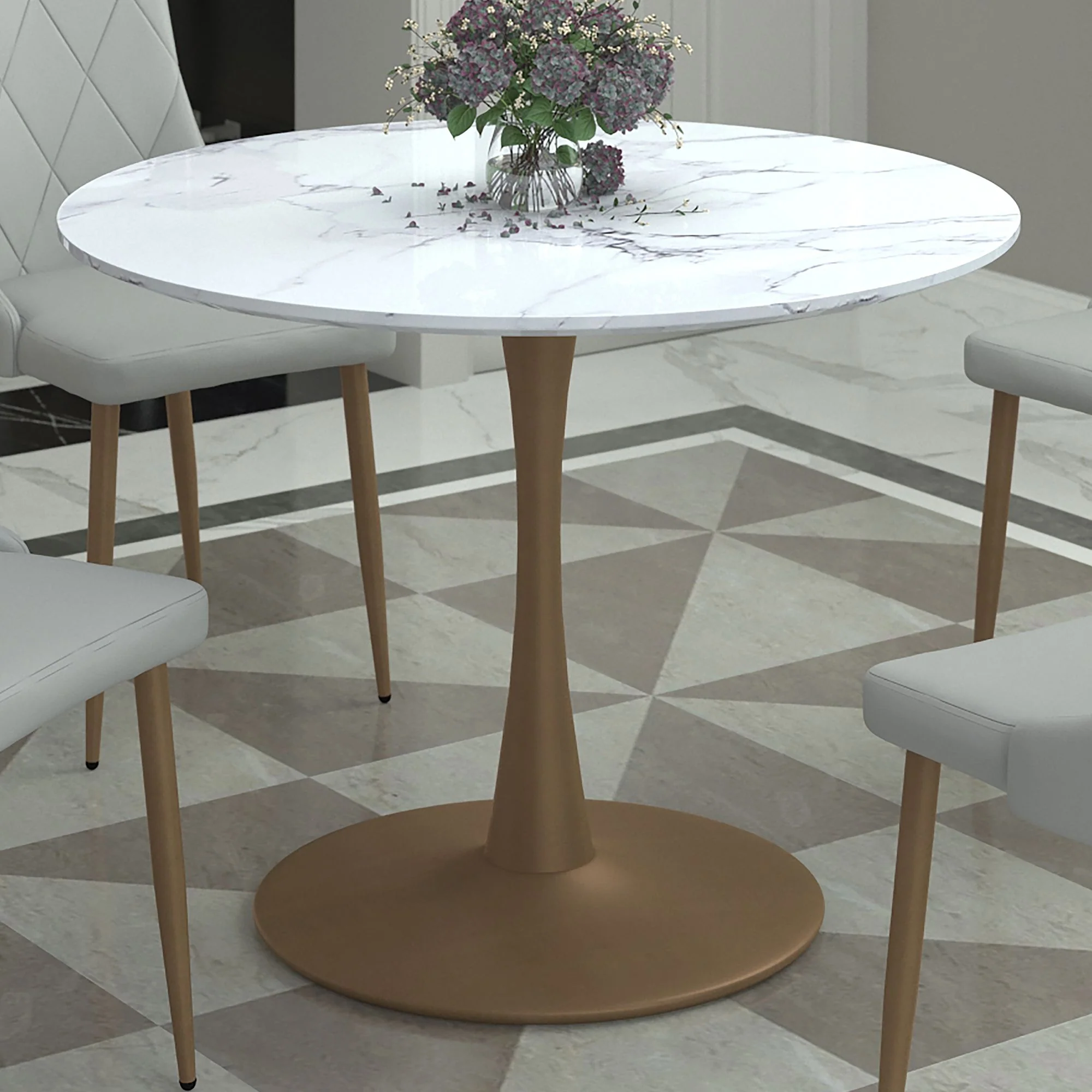 Zilo 40" Round Dining Table in White Faux Marble and Aged Gold - Image 3