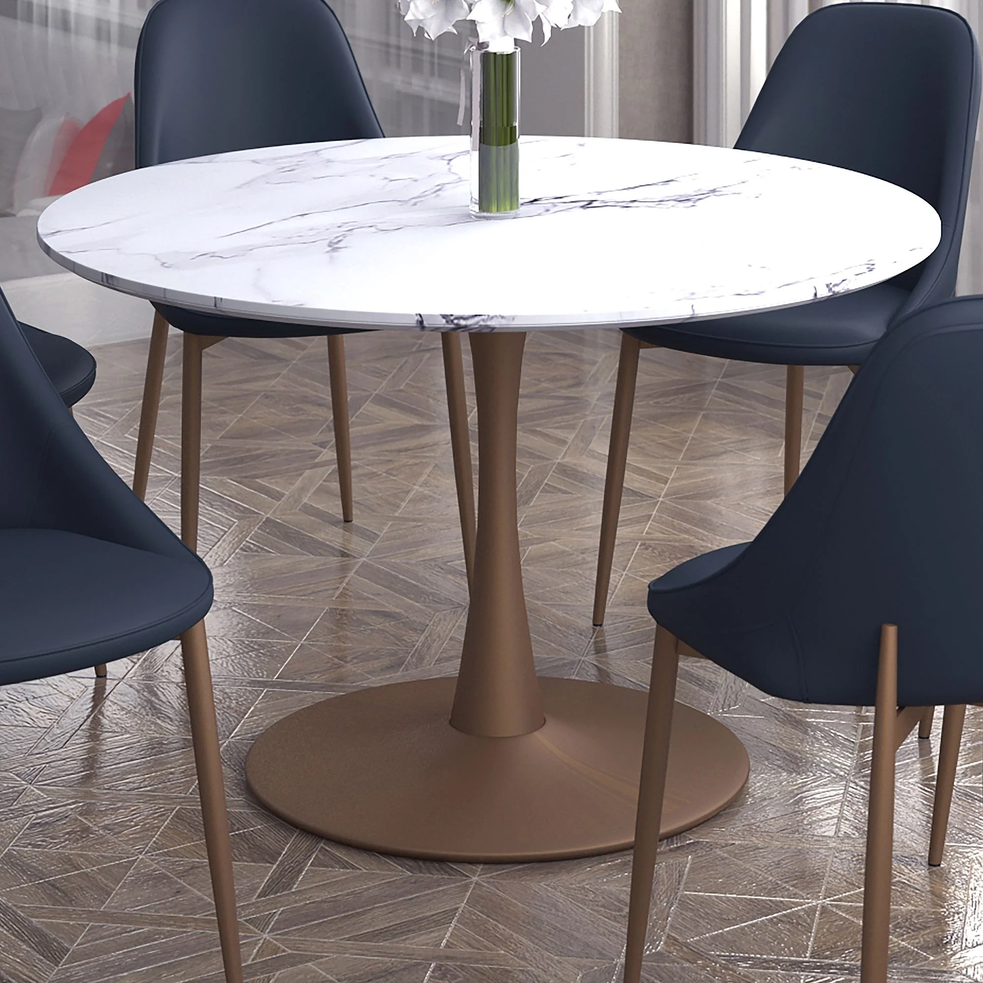 Zilo 48" Round Dining Table in White Faux Marble and Aged Gold - Image 3