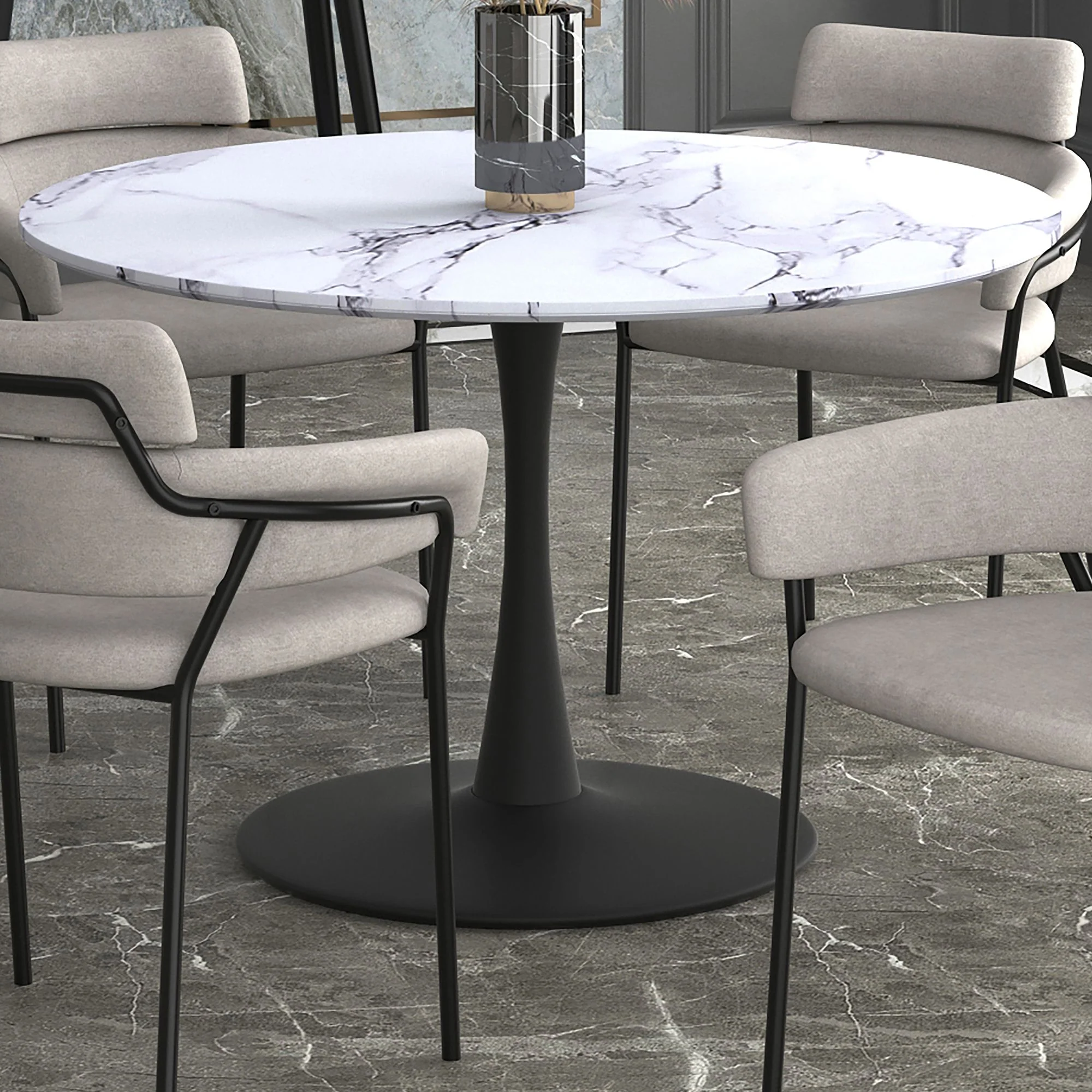 Zilo 48" Round Dining Table in White Faux Marble and Black - Image 3