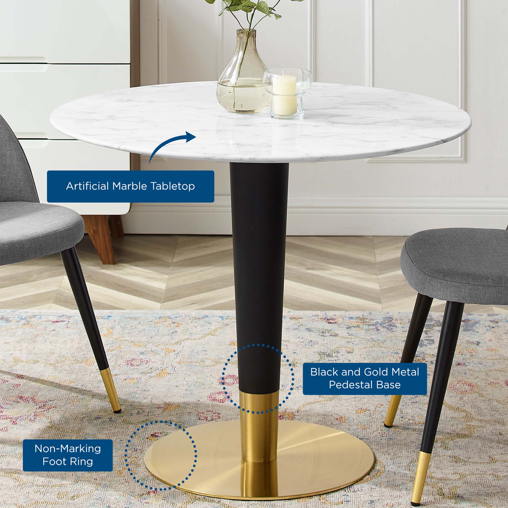 Zinque 36" Artificial Marble Dining Table in Gold White - Image 5
