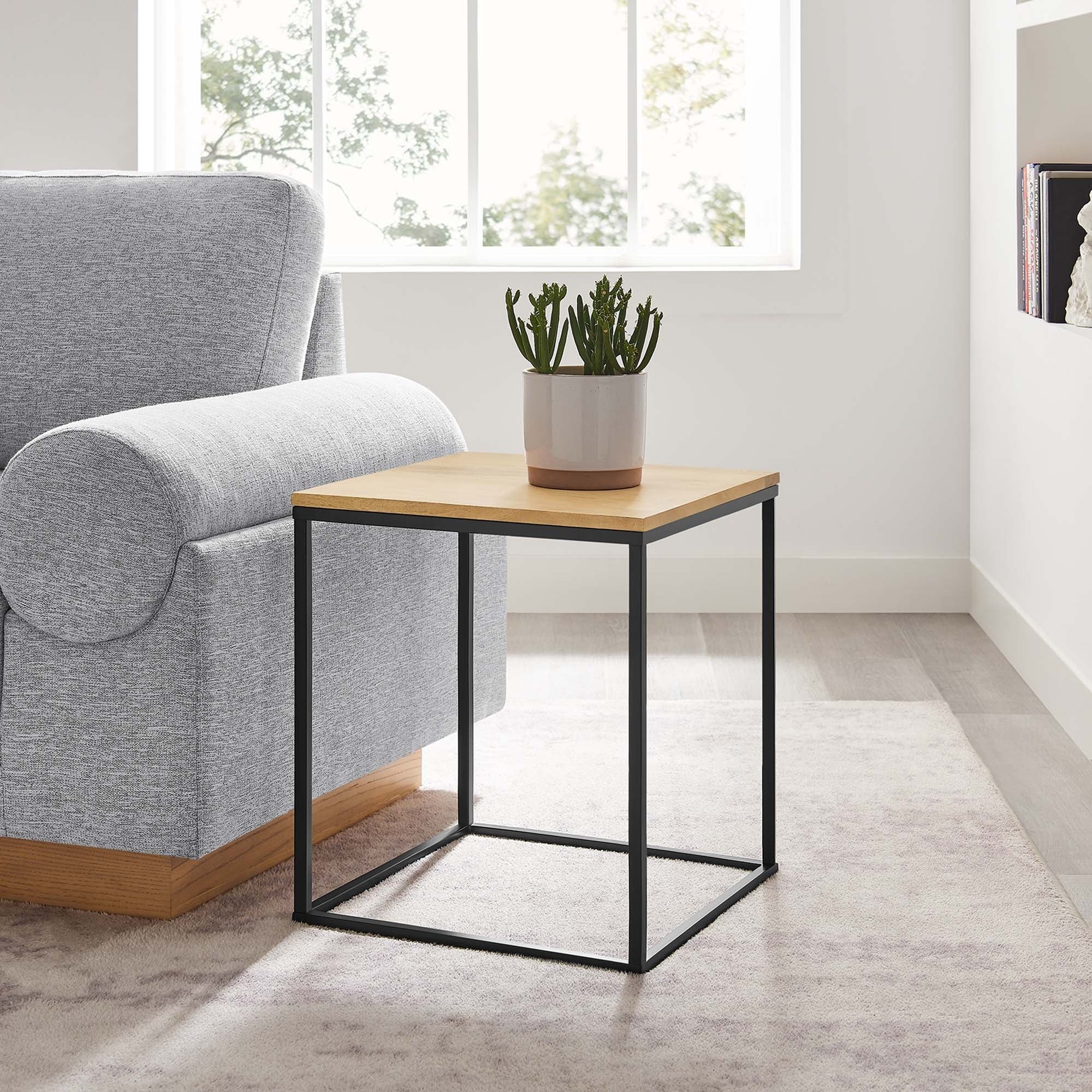 Zora Square Wood and Metal Side Table in Oak - Image 2